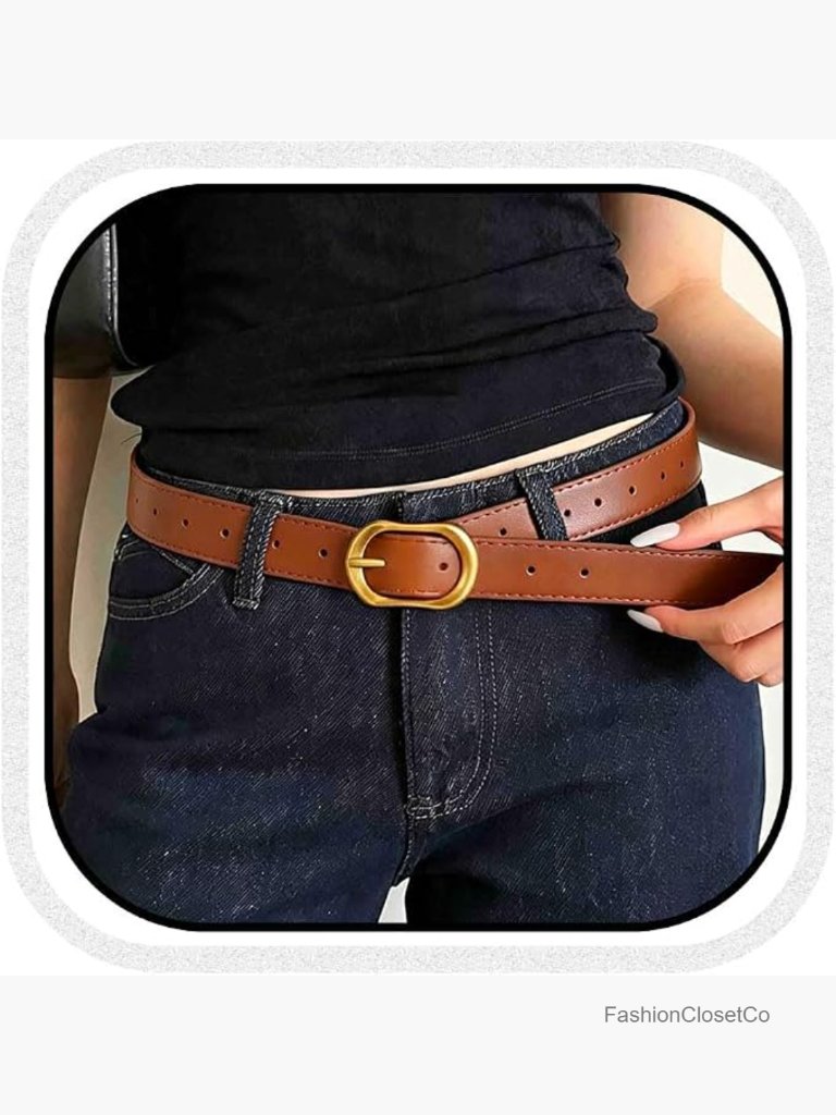 Women Faux Leather Belt With Gold Buckle For Jeans Pants